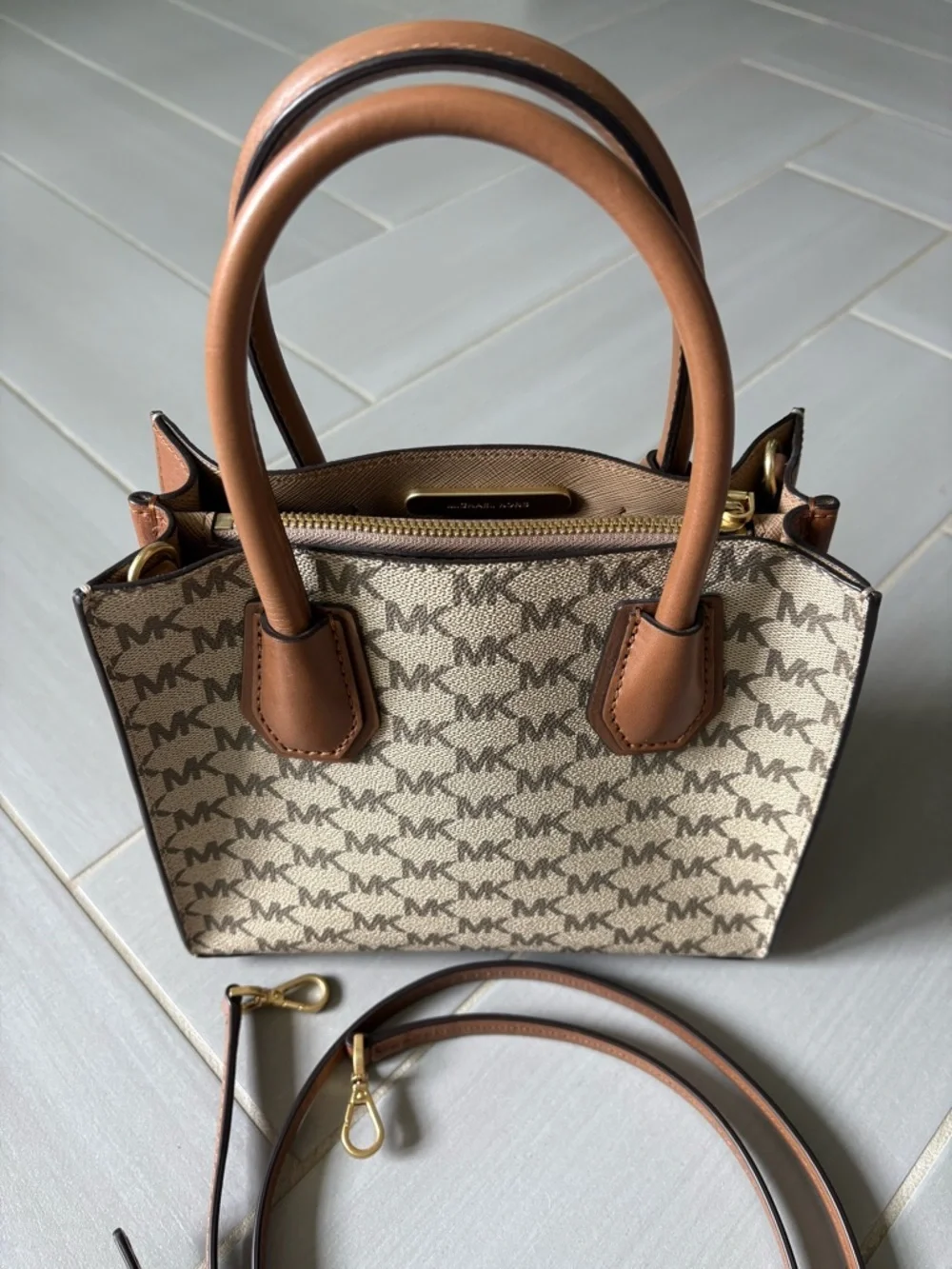 Michael Kors Medium Mercer Canvas Crossbody | Tan and Beige with Logo Print